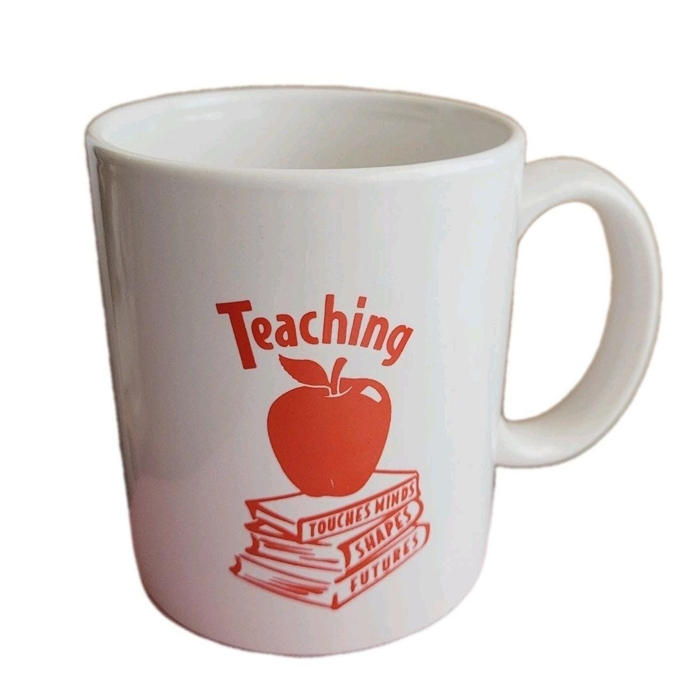 Vintage‎ 90s M Ware Teaching Mug, Apple Books Teacher Gift White Red Ceramic cup